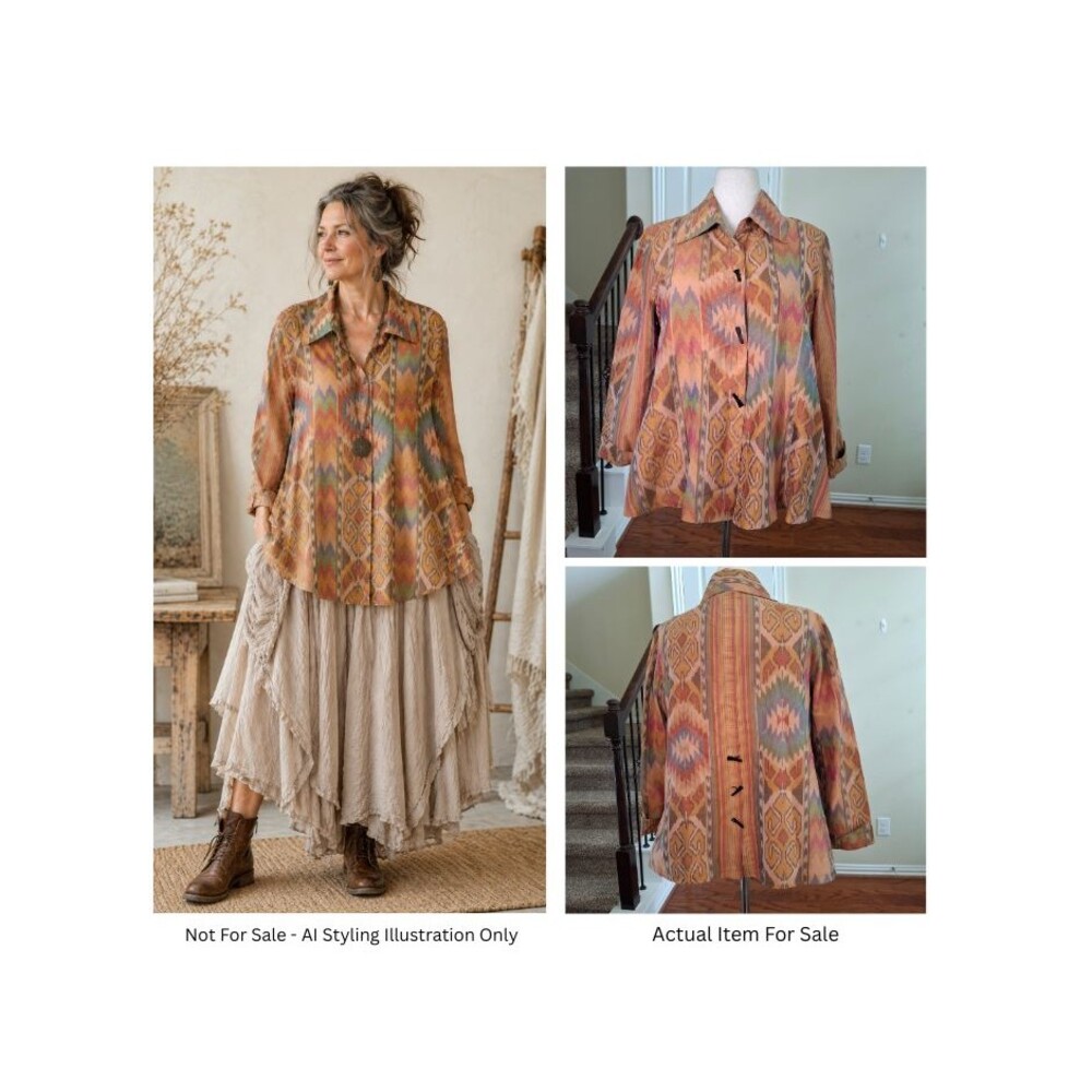 ANU Aztec Southwestern Print Silk Shirt Top Women M A-Line Lagenlook Boho Artsy